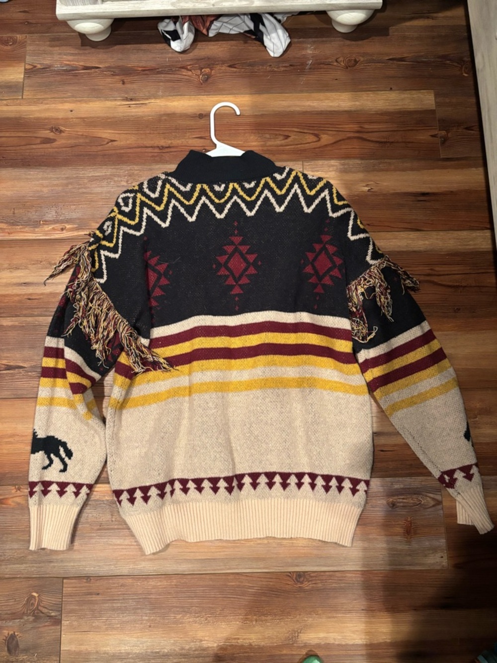 Women's Fringe Crewneck Sweater - Black, Cream & Maroon